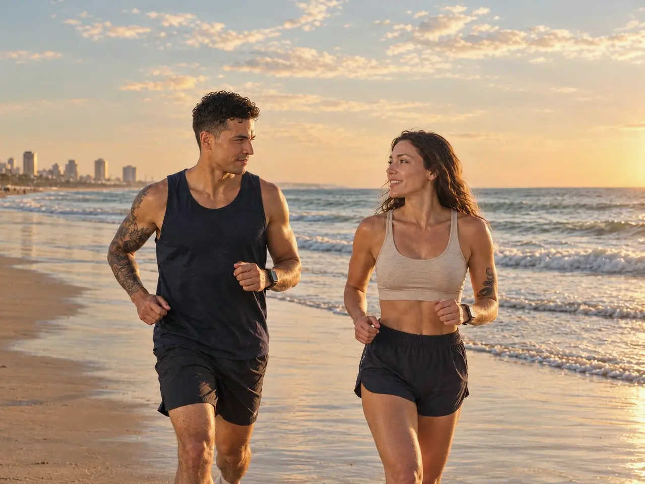 A couple chatting as they jog along the beach at sunset