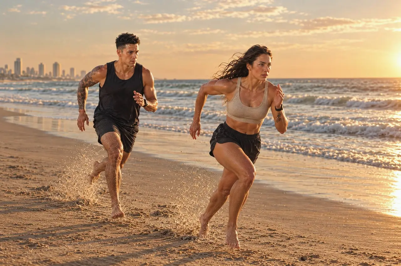 A man and woman sprinting barefoot along the beach at sunset