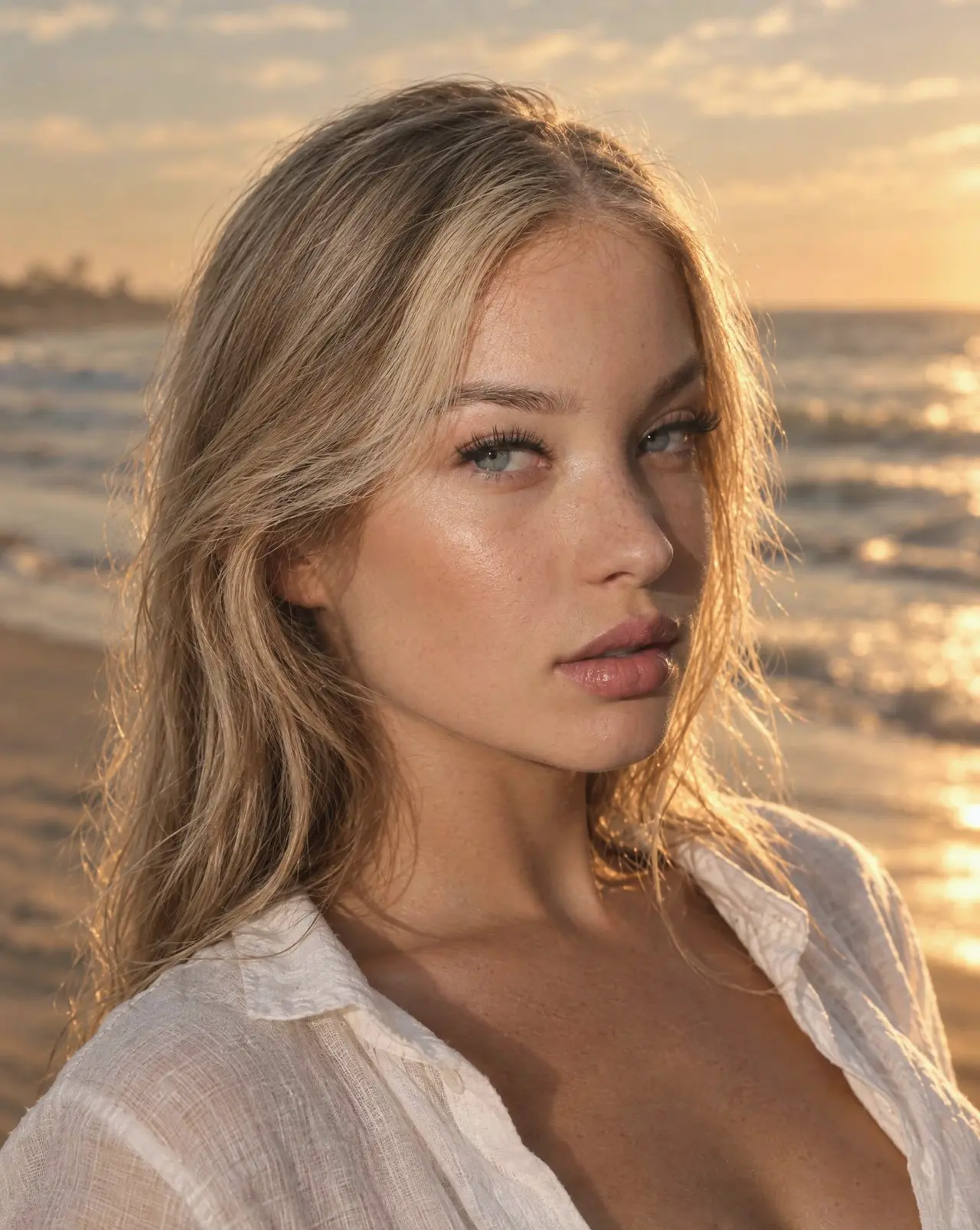 A woman standing on a beach in the late afternoon sun