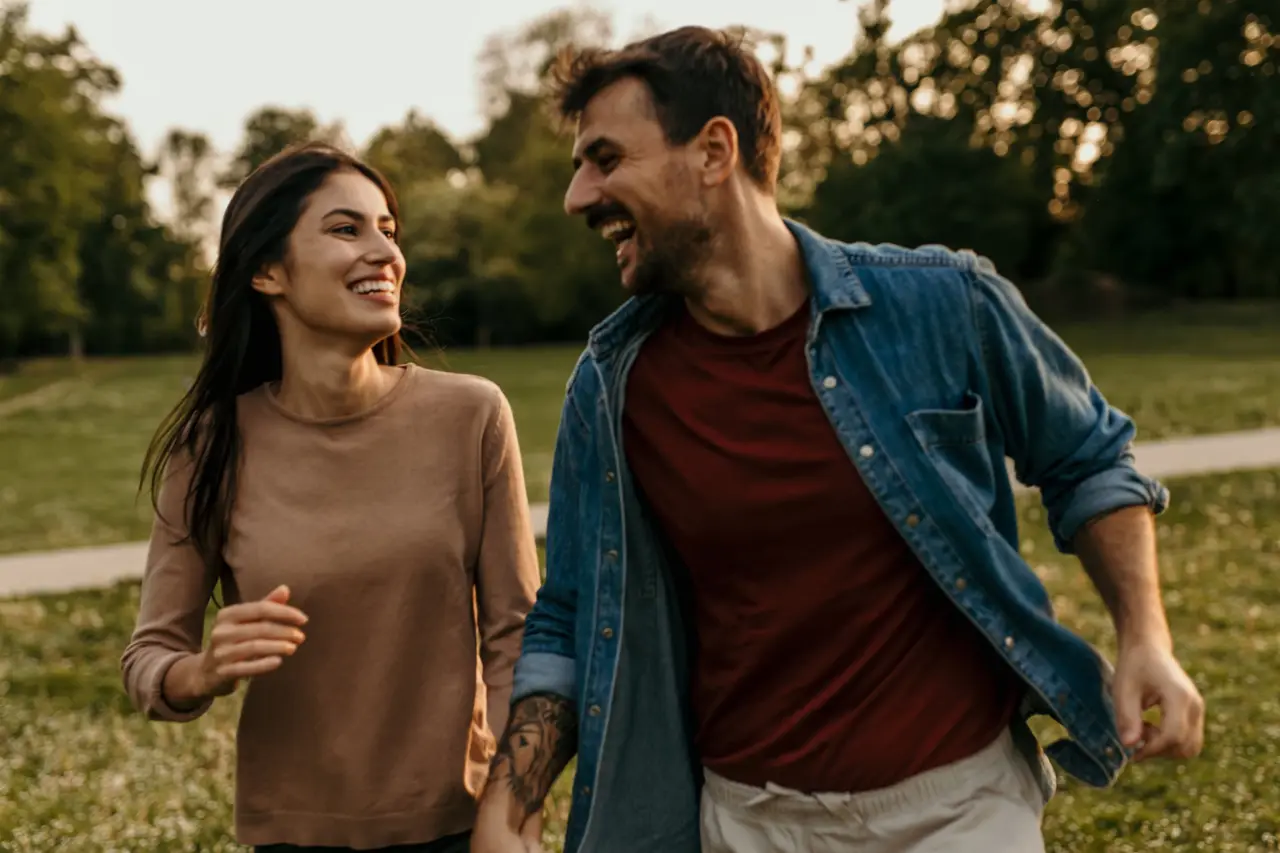 A laughing couple jogging together through a park at golden hour